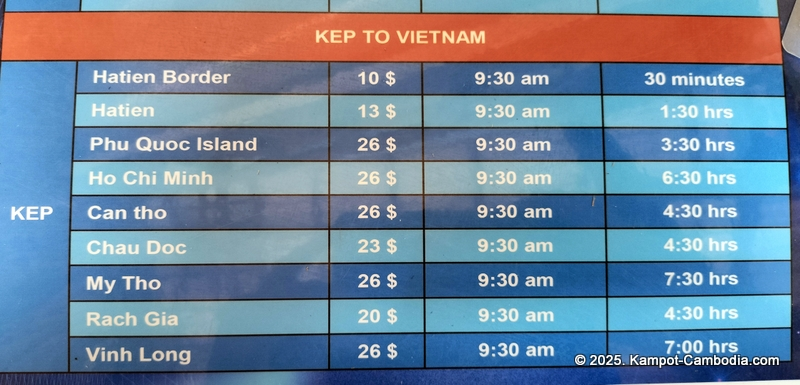 Bus schedule to and from Kep, Cambodia. Kampot, SihanoukVille, Phnom Penh, thailand and vietnam