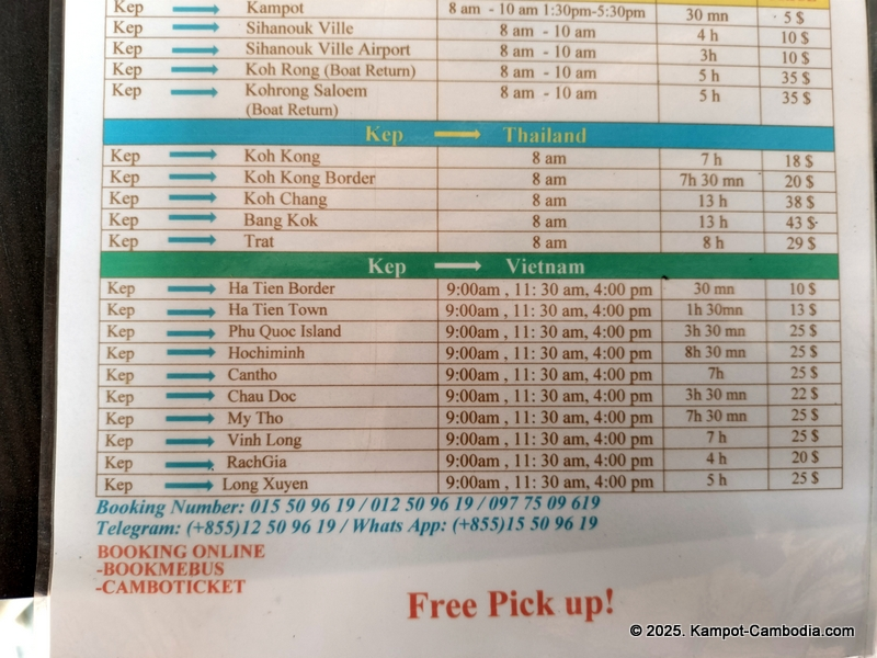 Bus schedule to and from Kep, Cambodia. Kampot, SihanoukVille, Phnom Penh, thailand and vietnam