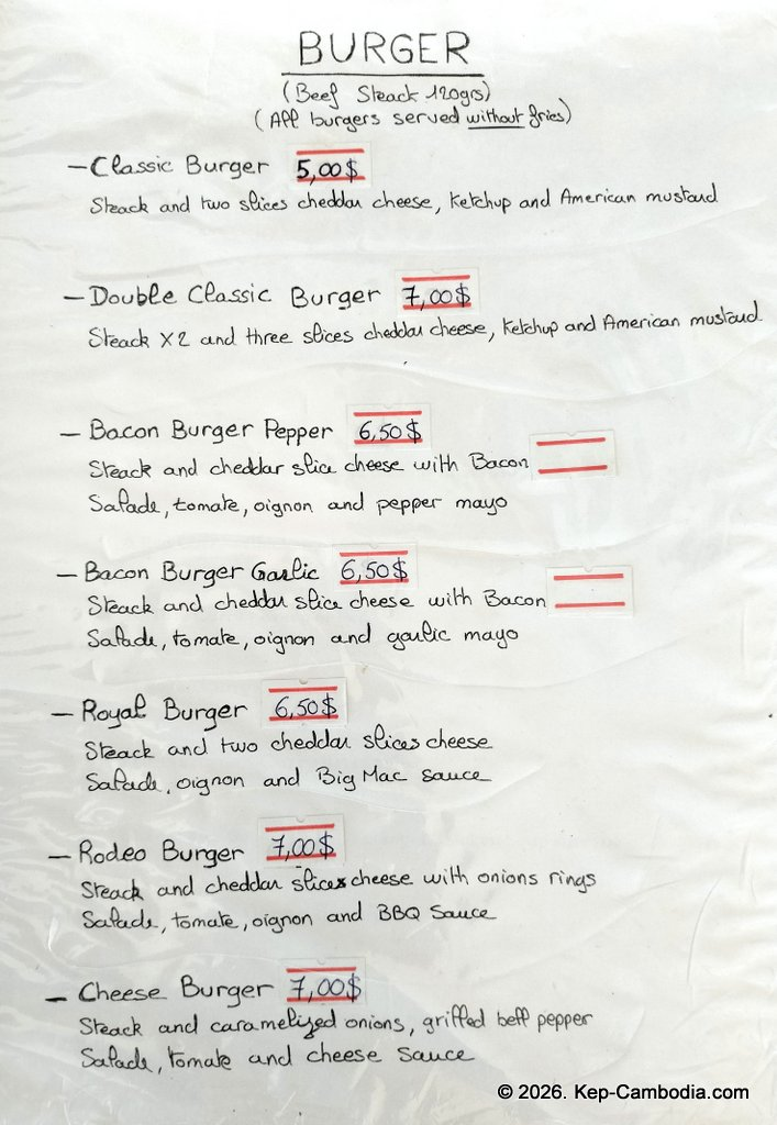 Sawadee Food Restaurant Burgers in Kep, Cambodia.