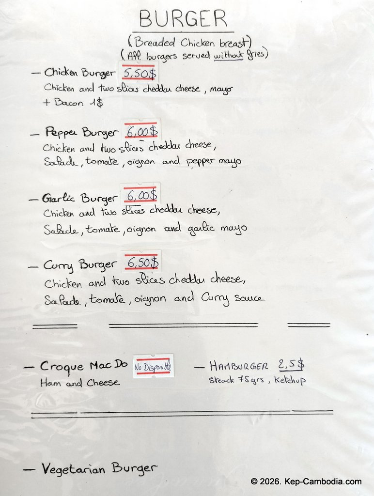 Sawadee Food Restaurant Burgers in Kep, Cambodia.