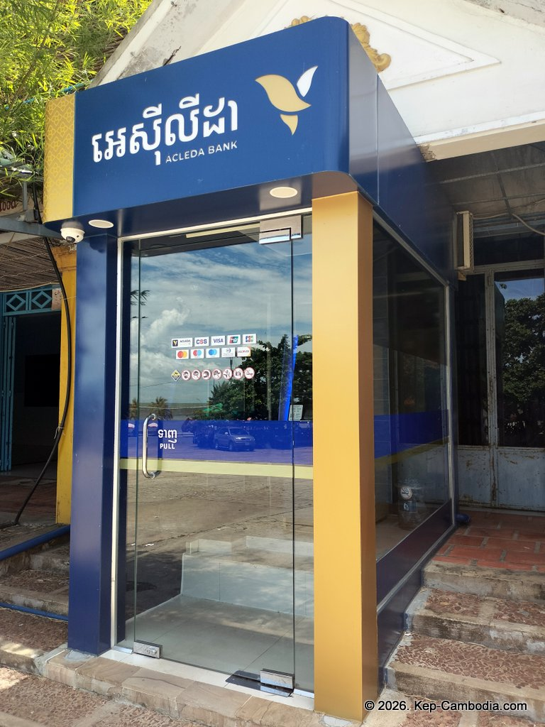 Vibol Express bus and travel agent at the Kep Beach in Cambodia.