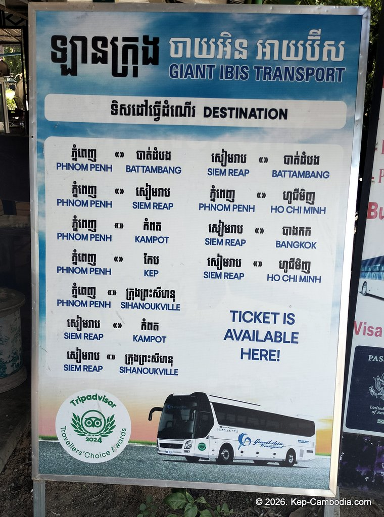 Vibol Express bus and travel agent at the Kep Beach in Cambodia.