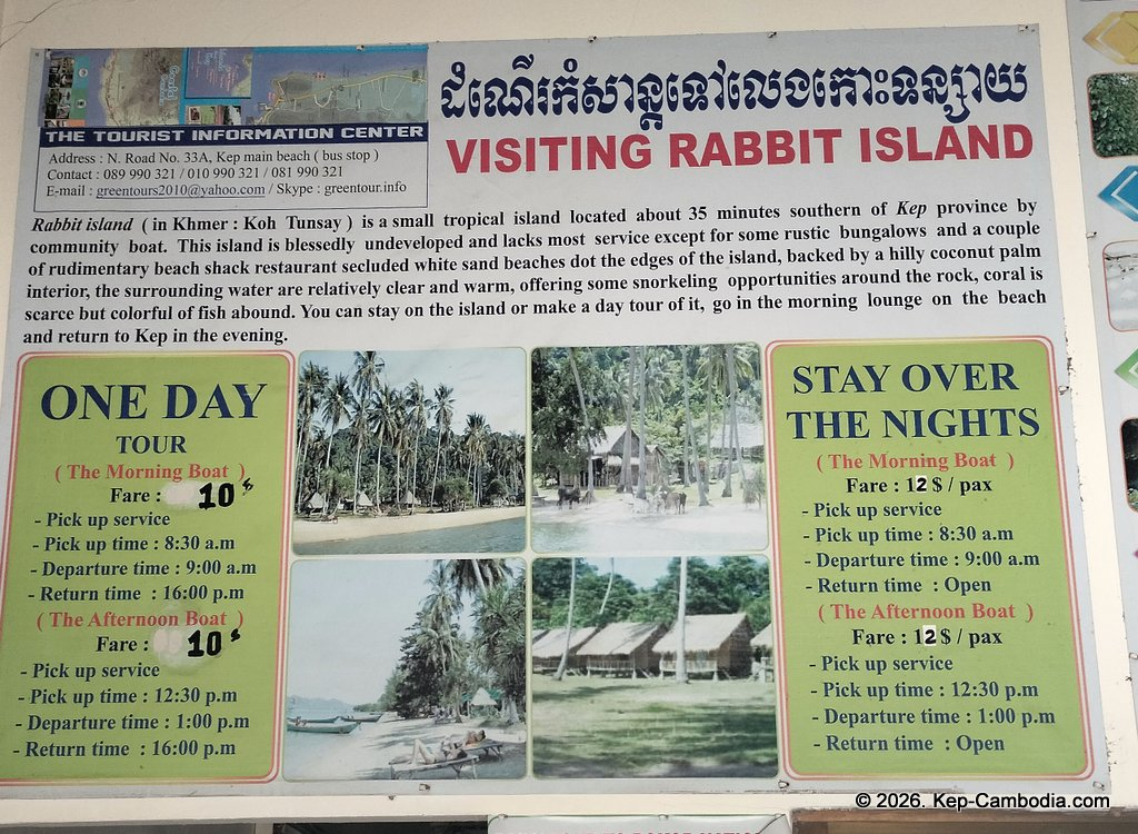 Vibol Express bus and travel agent at the Kep Beach in Cambodia.