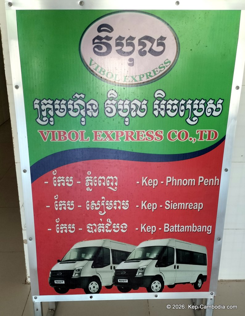 Vibol Express bus and travel agent at the Kep Beach in Cambodia.