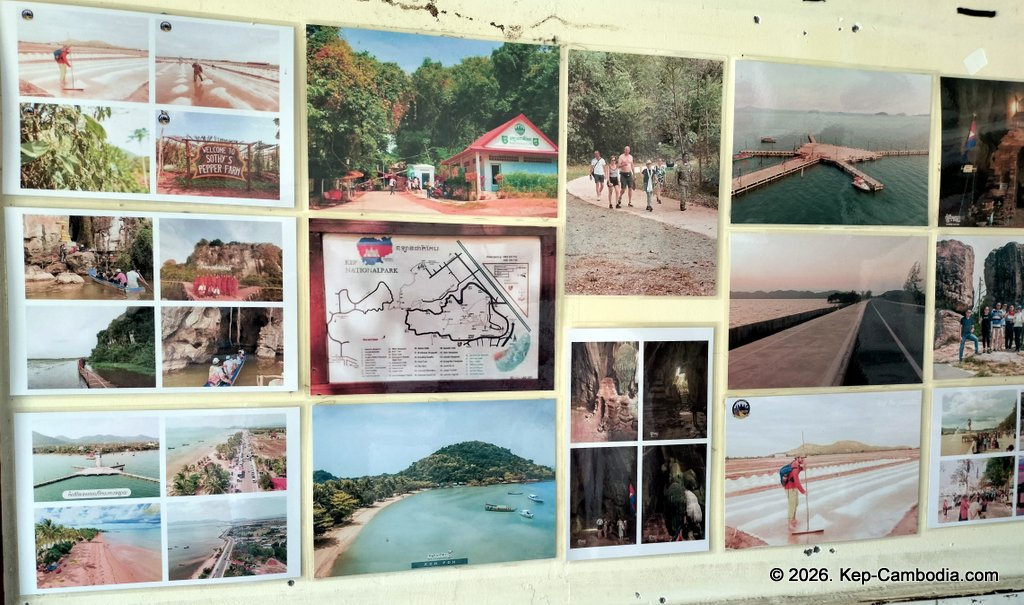 Vibol Express bus and travel agent at the Kep Beach in Cambodia.